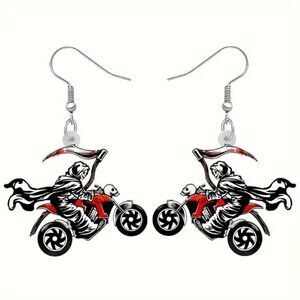Grim Reaper Motorcycle Earrings Lightweight Acrylic Red Black Halloween Goth